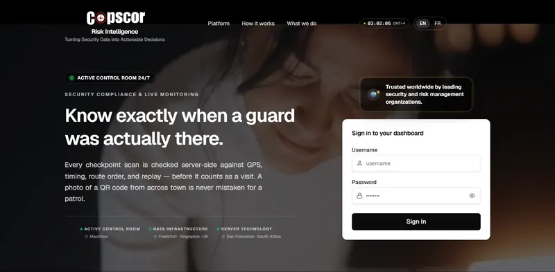 Copscor homepage: Know exactly when a guard was actually there, with a client sign-in panel