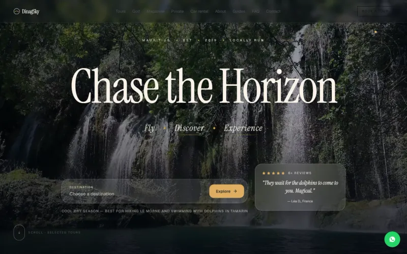 DinagSky homepage: Chase the Horizon over a waterfall, with a destination finder and a guest review