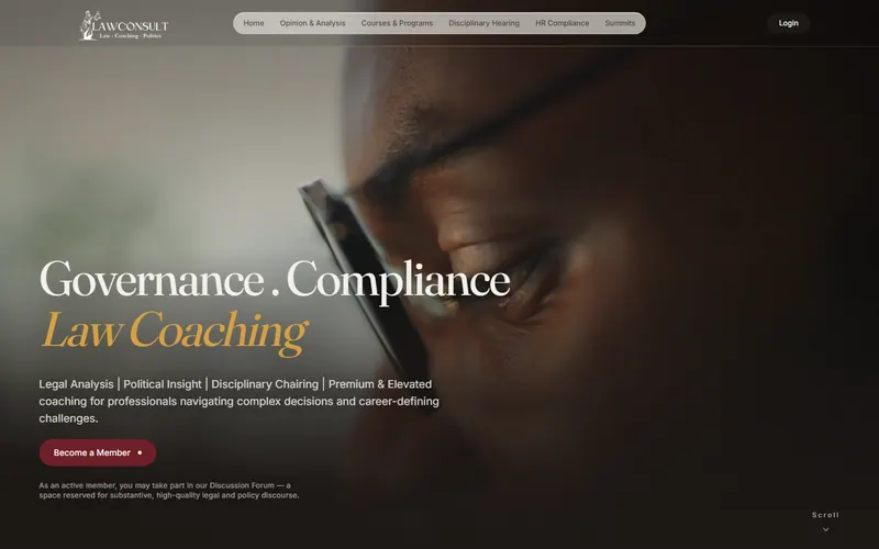LawConsult Mauritius homepage: Governance, Compliance, Law Coaching, with a Become a Member button