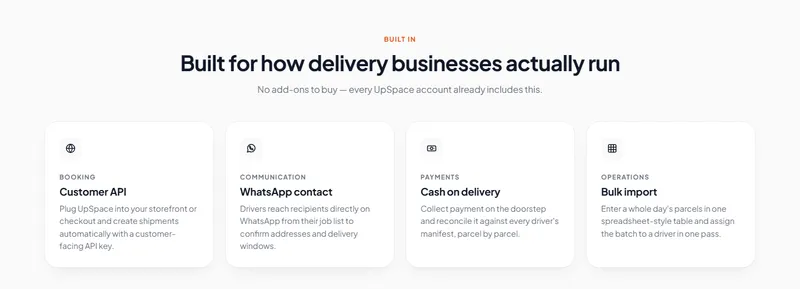 Tracking.mu built-in features: customer API, WhatsApp contact, cash on delivery and bulk import