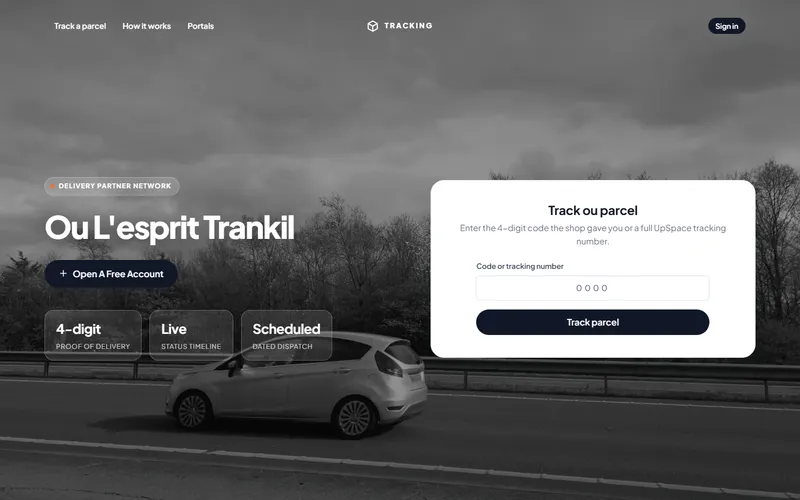 Tracking.mu homepage: Ou L'esprit Trankil, with a Track your parcel form for a 4-digit code